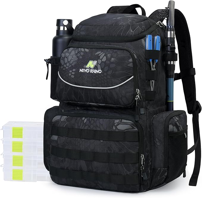 N NEVO RHINO Fishing Tackle Backpack with Rod Holders, 40L Large Fishing Bag with Waterproof Rain Cover,Outdoor Tackle Bag