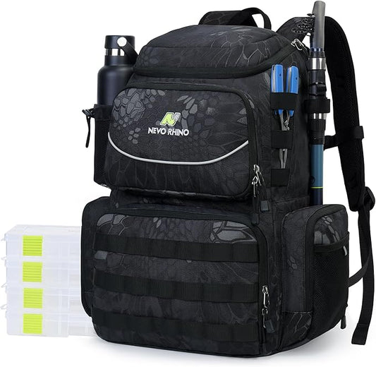 N NEVO RHINO Fishing Tackle Backpack with Rod Holders, 40L Large Fishing Bag with Waterproof Rain Cover,Outdoor Tackle Bag