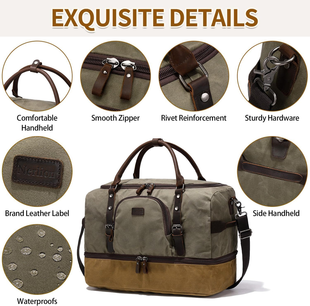 Nerlion Green Large Weekender Overnight Duffel Bag with Shoe Compartment and Leather Accents - Roamly
