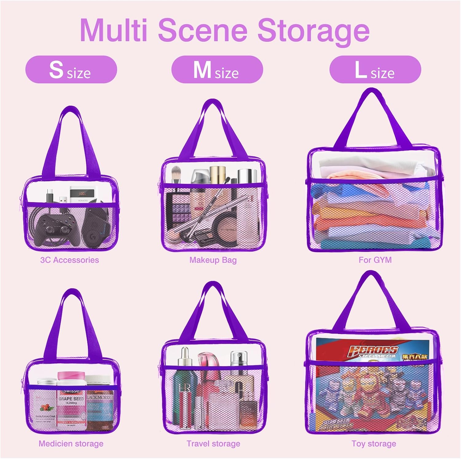 XEWEA Clear Travel Toiletry Bags, 3 Pack TSA Approved Transparent Makeup Bag for Men Women, Large Waterproof PVC Quart Organizer with Zipper for Toiletries Airline Essential,Toy Storage Pouch Purple - Roamly