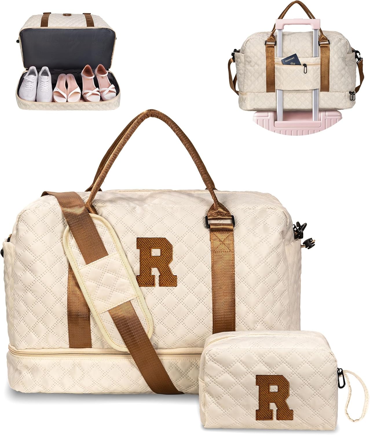 Initial Duffle Bag, Personalized Weekender Bag with Shoulder Strap, Monogram Overnight Bag for Women Wet Pocket, Letter Travel Bag with Makeup Bag Gifts for Niece (Letter R) - Roamly