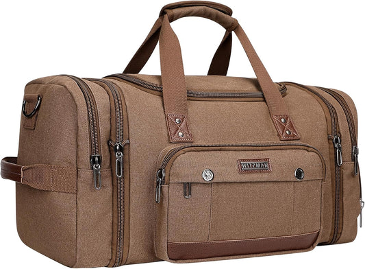 WITZMAN Mens Duffle Bags for Traveling Canvas Weekender Travel Bag Expandable Overnight Bag Carry on Bag(A8007 Brown) - Roamly