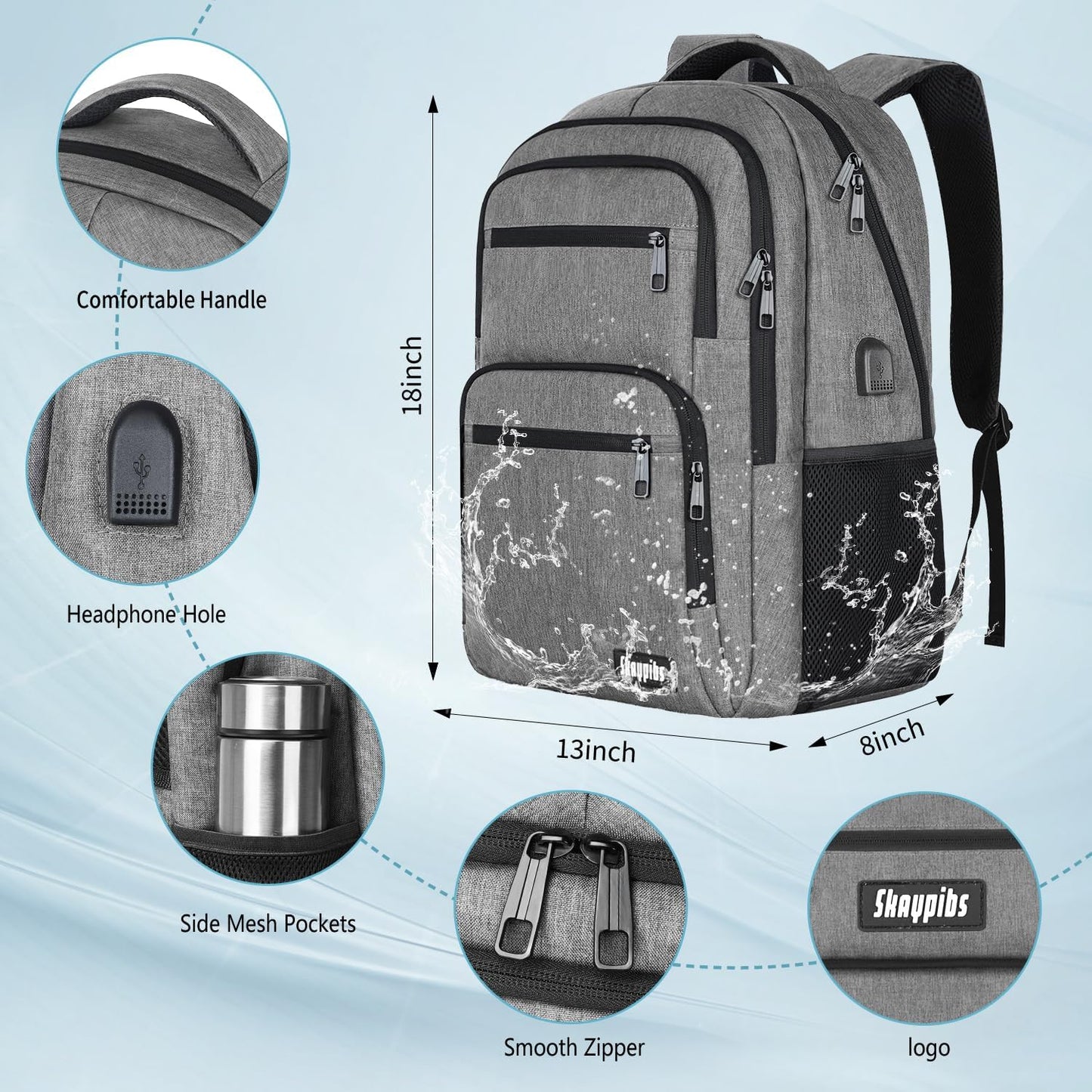 Travel Laptop Backpack, Business Carry on Backpack Flight Approved Backpack, Large Travel Work Backpacks for Men Women with USB Charger Port, Rucksack Bag, Mochila de viaje, Grey - Roamly