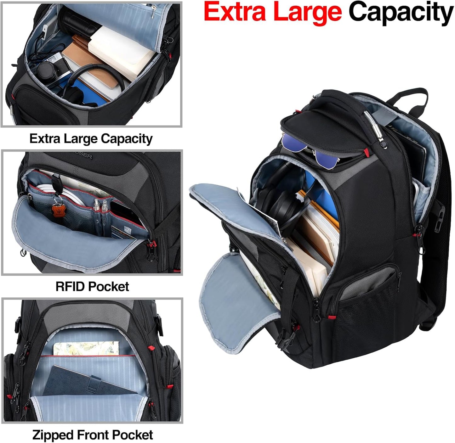 KROSER Travel Laptop Backpack 17.3 Inch XL Computer Backpack with Hard Shell Saferoom RFID Pockets Water-Repellent Business College Daypack Stylish Bag for Men/Women-Black Grey - Roamly