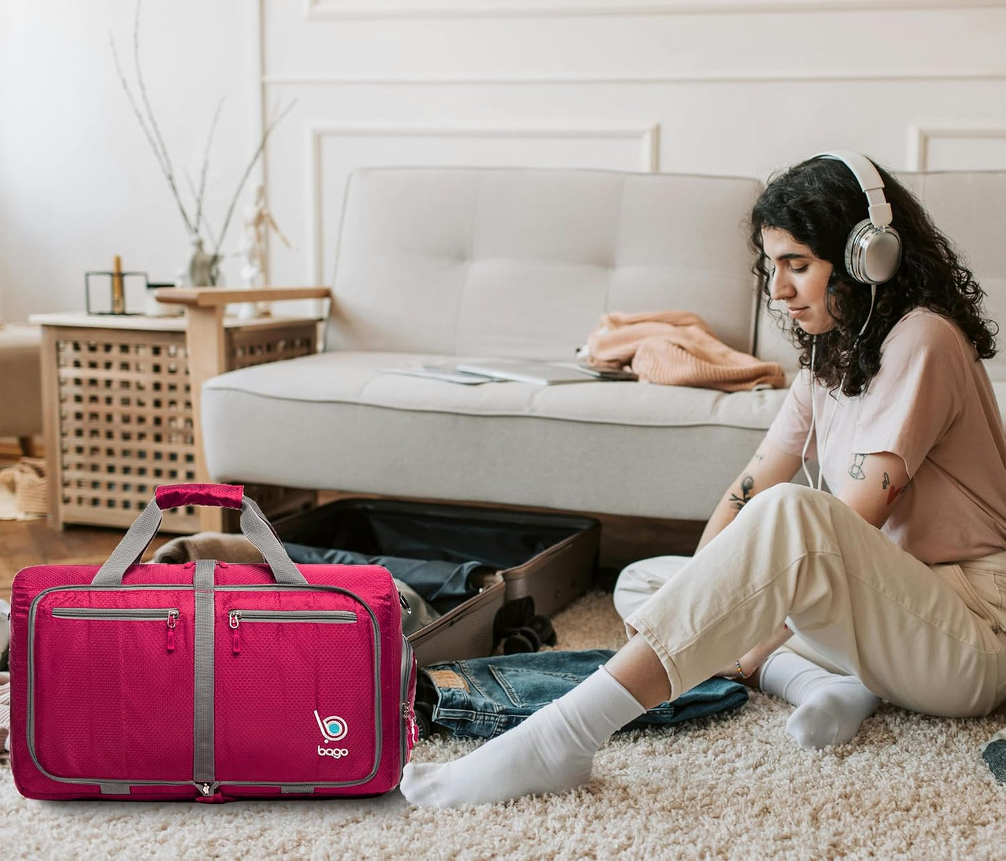 Bago Foldable Duffel Bags for Traveling Women & Men - 40L Sports Packable Duffle Bag for Travel with Shoe Compartment - Water Repellant, Heavy Duty, Lightweight Folding & Collapsible (Pink) - Roamly