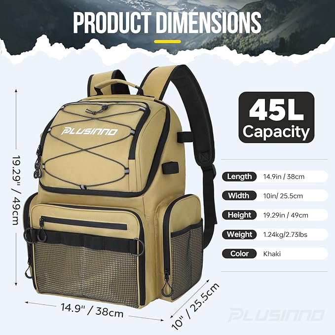 PLUSINNO Cooler Fishing Backpack with Rod Holders 45L Large Water-resistant Fishing Tackle bag Store Fishing Gear Fishing Gifts for Men Father, Sport Bags