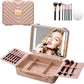 Mocado Travel Makeup Case with Lighted Mirror, 8 Makeup Brushes & 10x Magnifying Mirror, Adjustable Brightness Train Case (Pink)