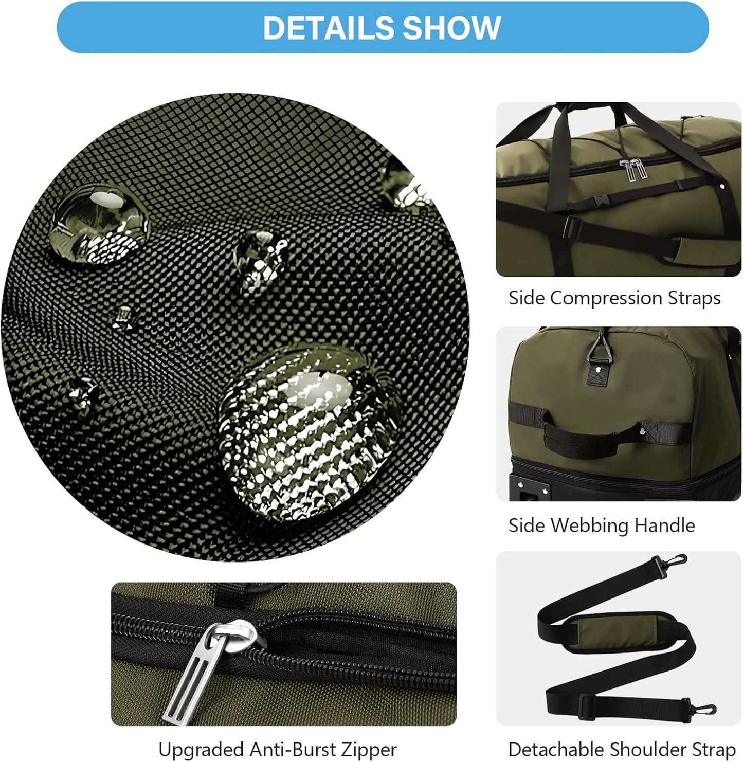 Vomgomfom Wheeled Collapsible Duffel Bag,110L-140L Expandable Checked Luggage, No-Telescopic-Handle with Anti-Burst Zipper & Reinforced Frame,Army Green - Roamly