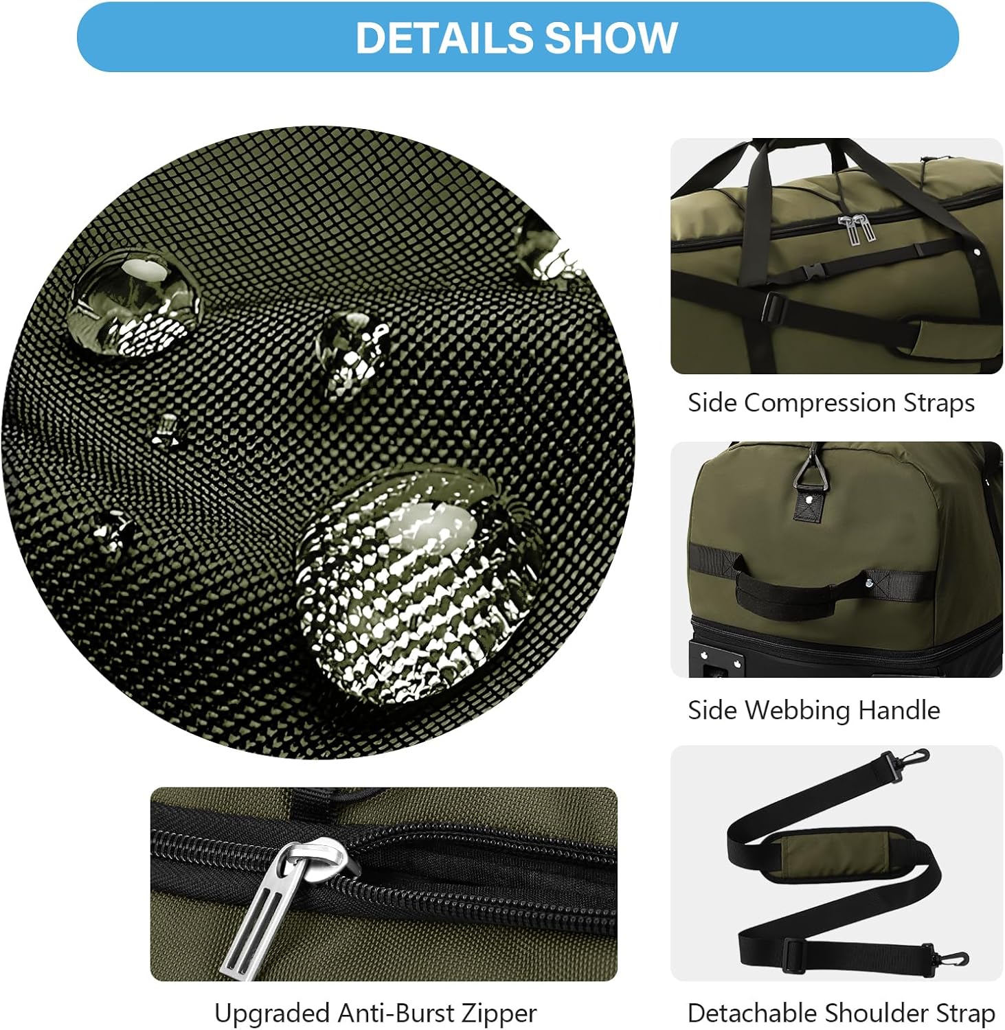 Vomgomfom Wheeled Collapsible Duffel Bag,110L-140L Expandable Checked Luggage, No-Telescopic-Handle with Anti-Burst Zipper & Reinforced Frame,Army Green - Roamly