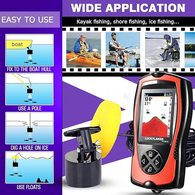 LUCKYLAKER Portable Display Fish Finder Boat Handheld Transducer Fish Finders Kayak Water Sensor Depth Finder LCD Wired Cable Ice Sea Fishing