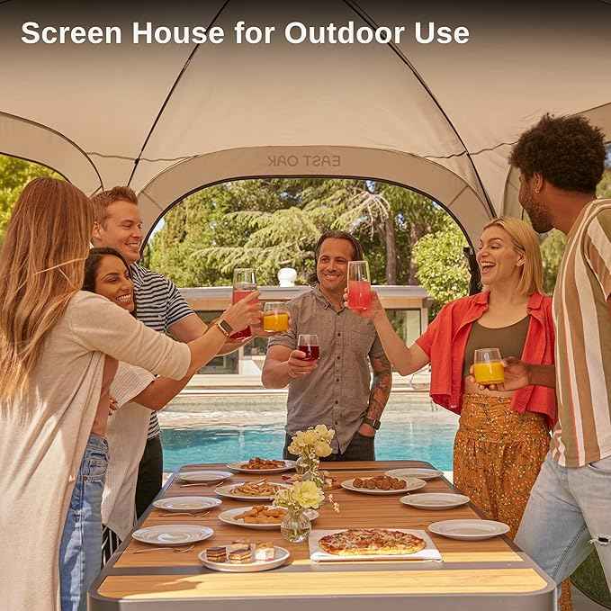 East Oak Screen House Tent Pop-Up, Portable Screen Room Canopy Instant Screen Tent 12 x 12 FT with Carry Bag for Patio, Backyard, Deck & Outdoor Activities, Beige