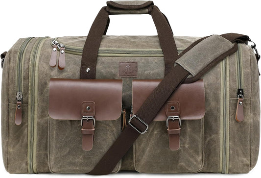 Waxed Canvas Duffle Bag for Men 50L Travel Duffel Bags Expandable Genuine Leather Duffel Overnight Weekender Carry On Bag Two Zipper Pockets Travel Bag (Vintage Grey, Large-50L) - Roamly