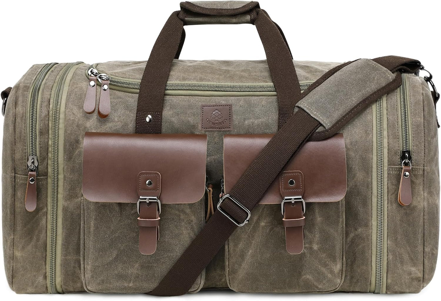 Waxed Canvas Duffle Bag for Men 60L Travel Duffel Bags Expandable Genuine Leather Duffel Overnight Weekender Carry On Bag Two Zipper Pockets Travel Bag (Vintage Grey, X Large-60L) - Roamly
