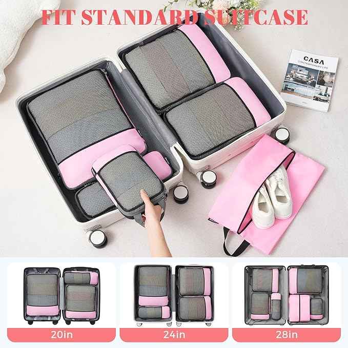 BAGAIL 4 Set/6 Set/8 Set Compression Packing Cubes Travel Accessories Expandable Packing Organizers (Half Mesh, 6-Pink)