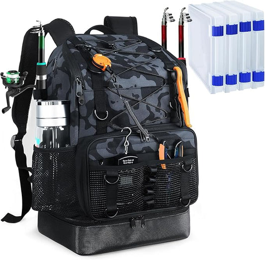 Fishing Backpack with 4 Tackle Boxes, Heavy Duty Fishing Bag with Waterproof Bottom, Tackle Backpack Gifts for Man Woman-Camo Black