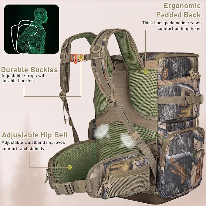 Hunting Backpack with Waterproof Rain Cover, Self Standing Hard Bottom, 50L Camo Hunting Day Pack for Bow Rifle Gun