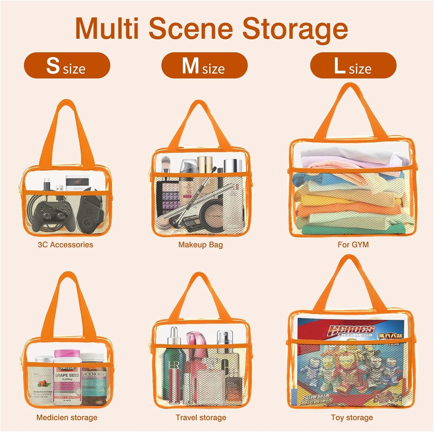 XEWEA Clear Travel Toiletry Bags, 3 Pack TSA Approved Transparent Makeup Bag for Men Women, Large Waterproof PVC Quart Organizer with Zipper for Toiletries Airline Essentials,Toy Storage Pouch Orange - Roamly
