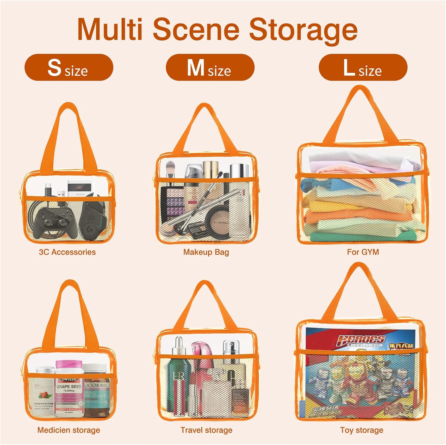 XEWEA Clear Travel Toiletry Bags, 3 Pack TSA Approved Transparent Makeup Bag for Men Women, Large Waterproof PVC Quart Organizer with Zipper for Toiletries Airline Essentials,Toy Storage Pouch Orange - Roamly