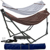 Tranquillo Universal Hammock with Stands Electro Static Coated Steel, Adjustable Foldable Hammock Stand with 2 Layered Polyester Net and Carry Bag for 2 Persons (Combo - Brown)