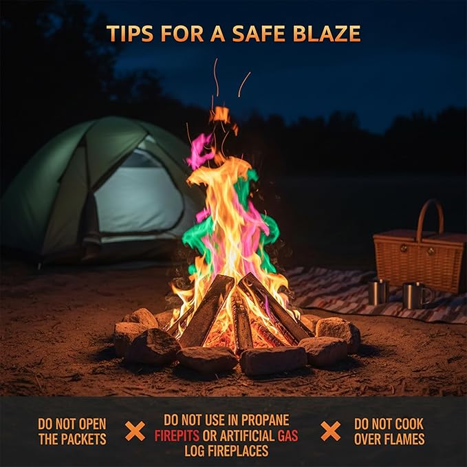 Magic Campfire Fire Color Changing Packets for Fire Pit (12 Pack) Outdoor Fireplaces & Bonfires, Rainbow Colored Flames – Perfect Camping Essential & Accessories for Kids & Adults - Campfire Flames