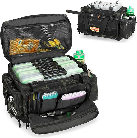 GOBUROS Waterproof Fishing Tackle Bag with Waterproof EVA Bottom (No Tackle Boxes in Package), Soft Tackle Box Storage Bag with Rod Holder, Pliers Storage for Fishing