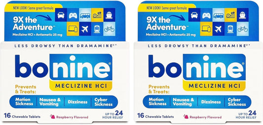 Bonine Non-Drowsy for Motion Sickness Relief, Sea Sickness, Car Sickness, Nausea and Vomiting, with Meclizine Hcl 25mg, Raspberry, Travel-Sized 16ct (Packaging May Vary) (Pack of 2)