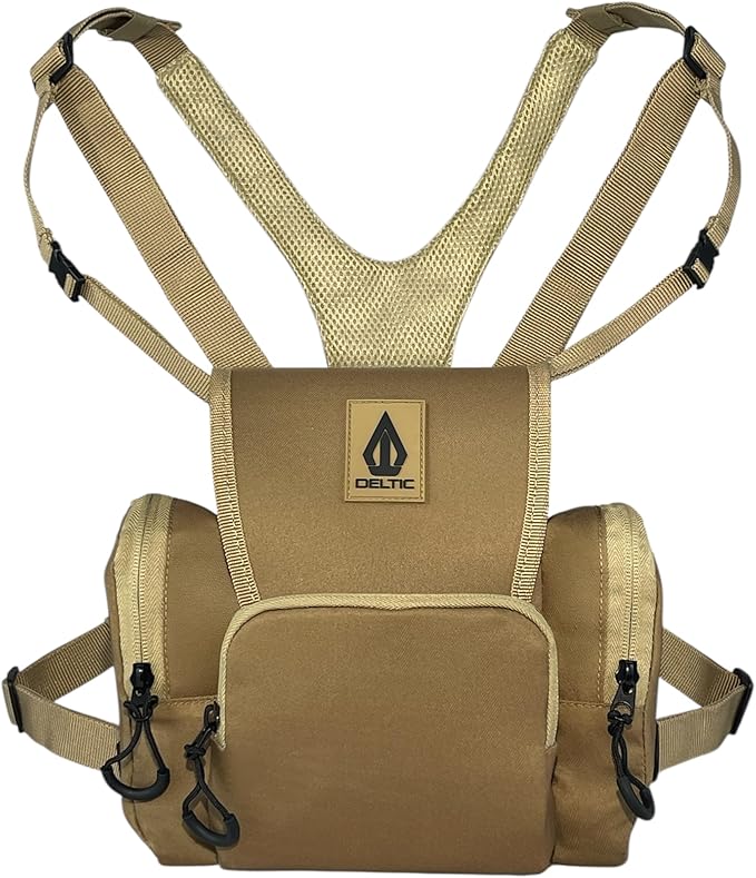 Deltic Tracker XL Bino Harness, Chest Pack with Magnetic Main Pocket, 4 Storage Pockets, Adjustable Straps, Tan