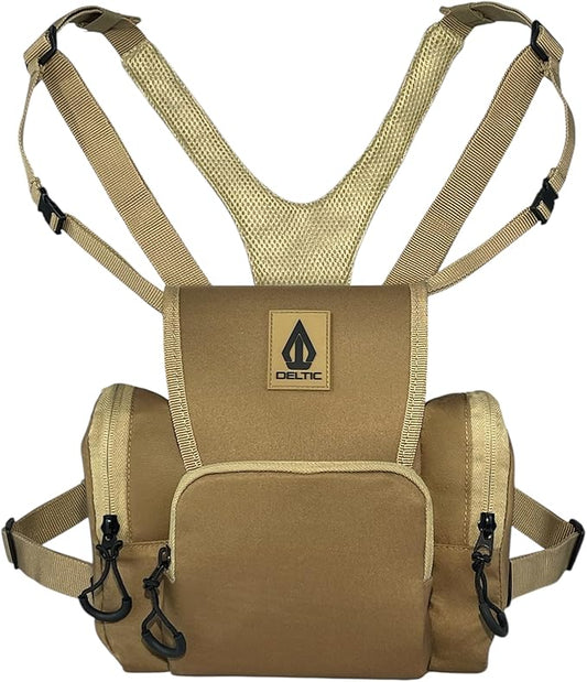 Deltic Tracker XL Bino Harness, Chest Pack with Magnetic Main Pocket, 4 Storage Pockets, Adjustable Straps, Tan