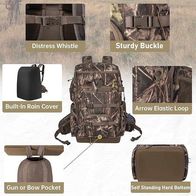Hunting Backpack with Waterproof Rain Cover, Self Standing Hard Bottom, 50L Camo Hunting Day Pack for Bow Rifle Gun