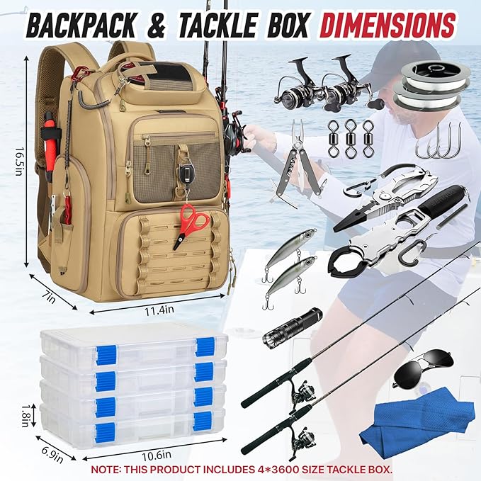 Fishing Tackle Backpack,Tackle Bag with 2 Rod Holders,Water-Resistant Large Storage Fishing Gear and Equipment (B-Khaki with 4 Tackle Boxes)
