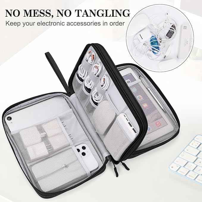 FYY Electronic Organizer, Extra Large Travel Cable Organizer Bag Pouch Portable Waterproof Double Layers All-in-One Storage Bag for iPad, Cable, Power Bank, Laptop Charger for Office/Home, Black