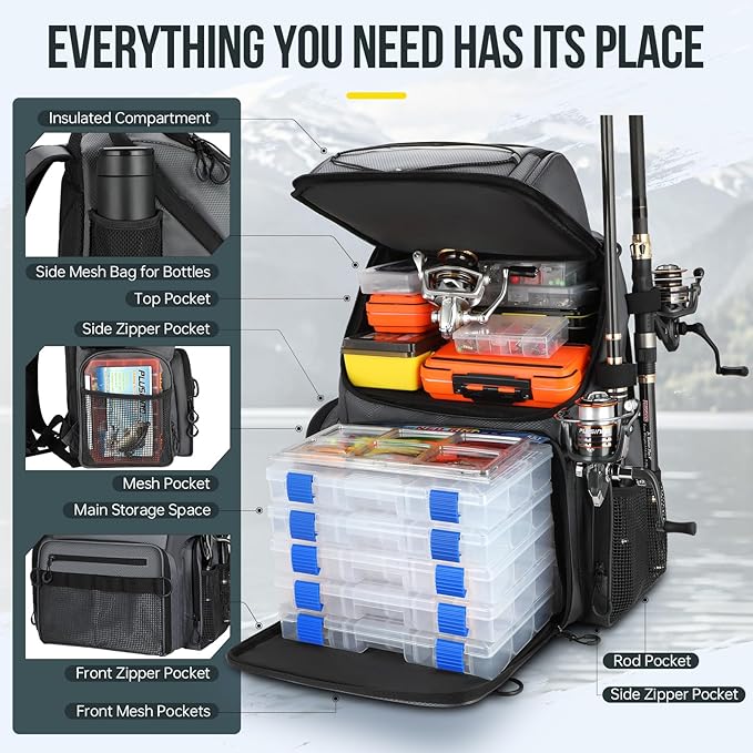 PLUSINNO Cooler Fishing Backpack with Rod Holders 45L Large Water-resistant Fishing Tackle bag Store Fishing Gear Fishing Gifts for Men Father, Sport Bags