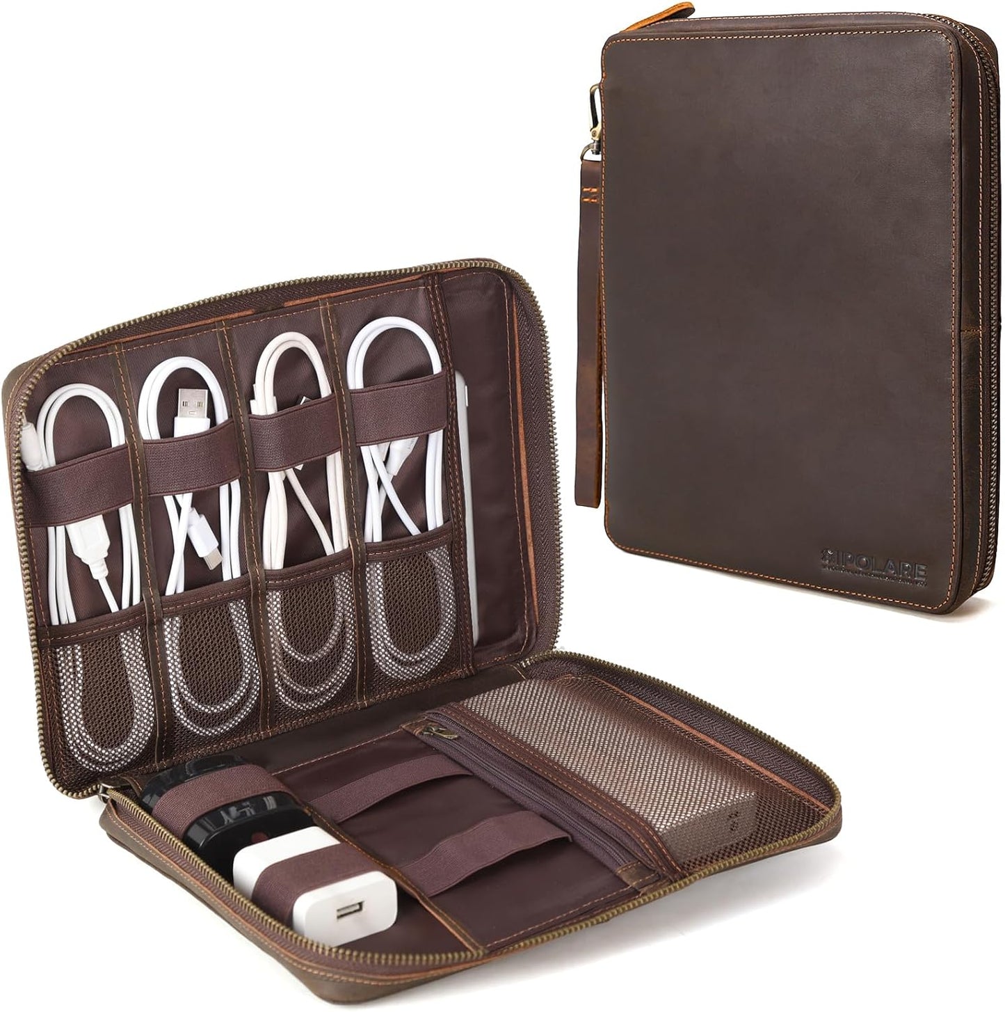 Polare Full Grain Leather Travel Cable Organizer Case Electronics Accessories Carry Bag with YKK Zippers Tech Storage Bag for Cables, Power Bank, USB, SD Card, Travel Essentials