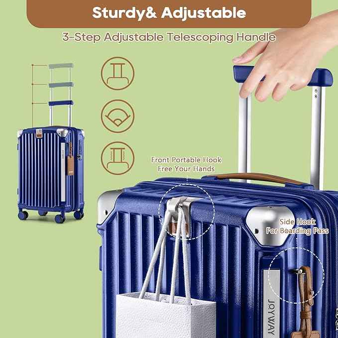 Joyway 5 Piece Luggage Set with Cup Holder, Expandable 25% Capacity, Includes Handbag, Anti Slip Wheels, Hook, Smart Carry On Suitcase for Men and Women, Spinner Travel Blue