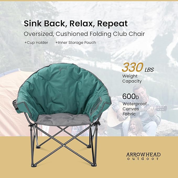 ARROWHEAD OUTDOOR Oversized Heavy-Duty Club Folding Camping Chair with Pocket, Cup Holder, Portable, Padded, Moon, Round, Saucer, Supports 330lbs, Carrying Bag