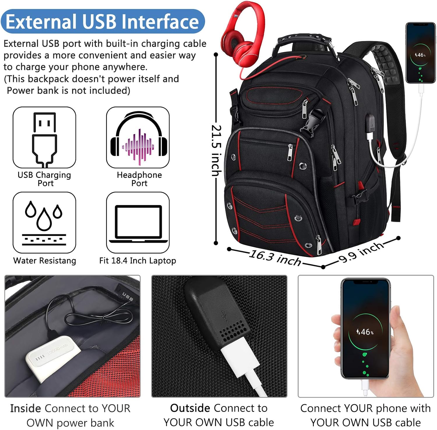 VECKUSON Large 18.4 Inch Laptop Backpack with USB Charger Port, TSA Friendly Flight Approved and RFID Anti-Theft Pocket, Red - Roamly