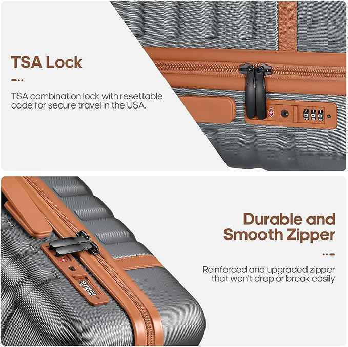 UKEIN Luggage Sets 3 Piece, PC Hardside Large Luggage 24 Inch With Spinner Wheels with TSA Lock, Carry On Suitcase Set With Travel Backpack (Grey, 3 piece set (24inch))