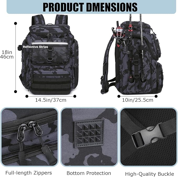 HAMBOLY Fishing Backpack with Rod Holders, 40L Tackle Box Backpack for Fishing Gear, Waterproof Fishing Bag for Men