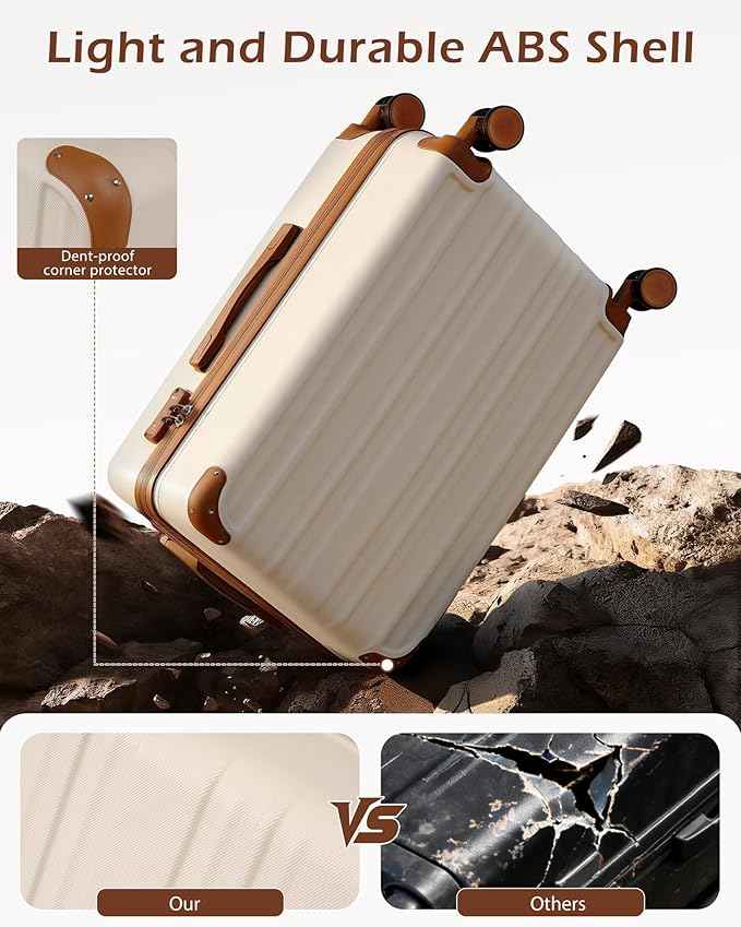 Coolife Luggage, Suitcase with Durable and Lightweight, Large Checked Luggage with ABS Hardshell Expandable, Dual Spinner Wheels, TSA Lock, and YKK Zipper (apricot white, L(28in))