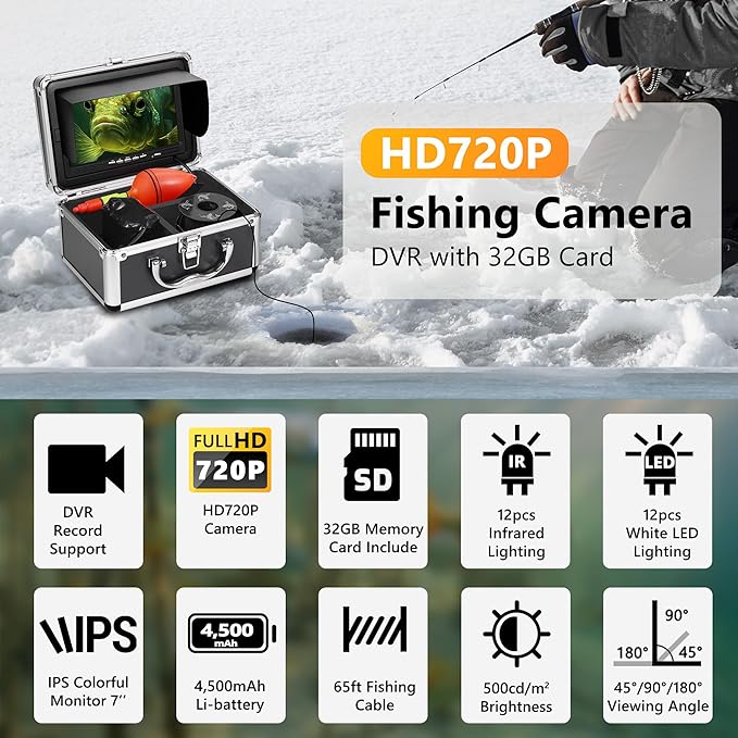 Underwater Fishing Camera FishPRO® HD720P - w/DVR-External 32GB Card, 7'' Ice Fishing Camera [Aluminum Box], Fish Finder Ice Fishing Gifts for Men, 12pcs IR +12pcs LED, 4,500mAh Li-Battery, 65ft Cable