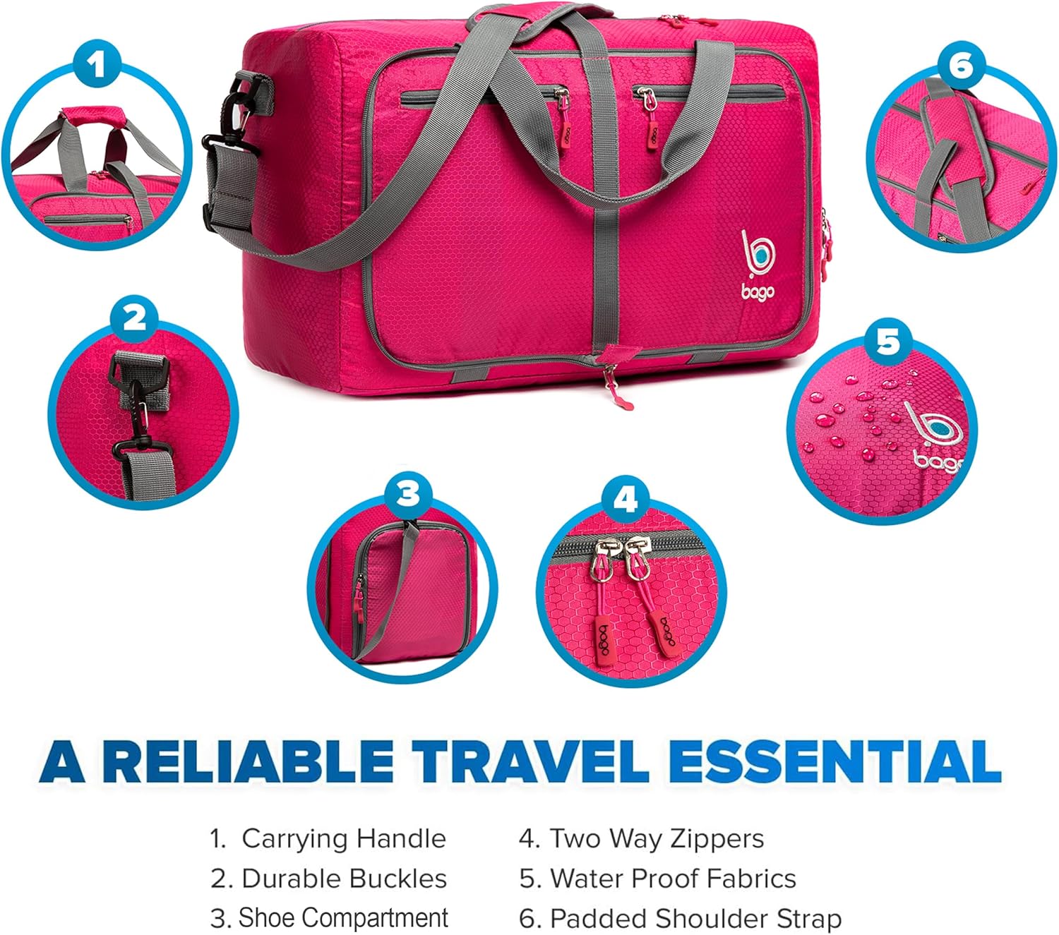 Bago Foldable Duffel Bags for Traveling Women & Men - 40L Sports Packable Duffle Bag for Travel with Shoe Compartment - Water Repellant, Heavy Duty, Lightweight Folding & Collapsible (Pink) - Roamly
