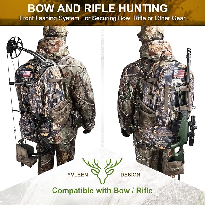 YVLEEN Hunting Backpack, Durable Camo Hunting Packs for Men, Large Capacity Hunting Day Pack for Rifle Bow Gun