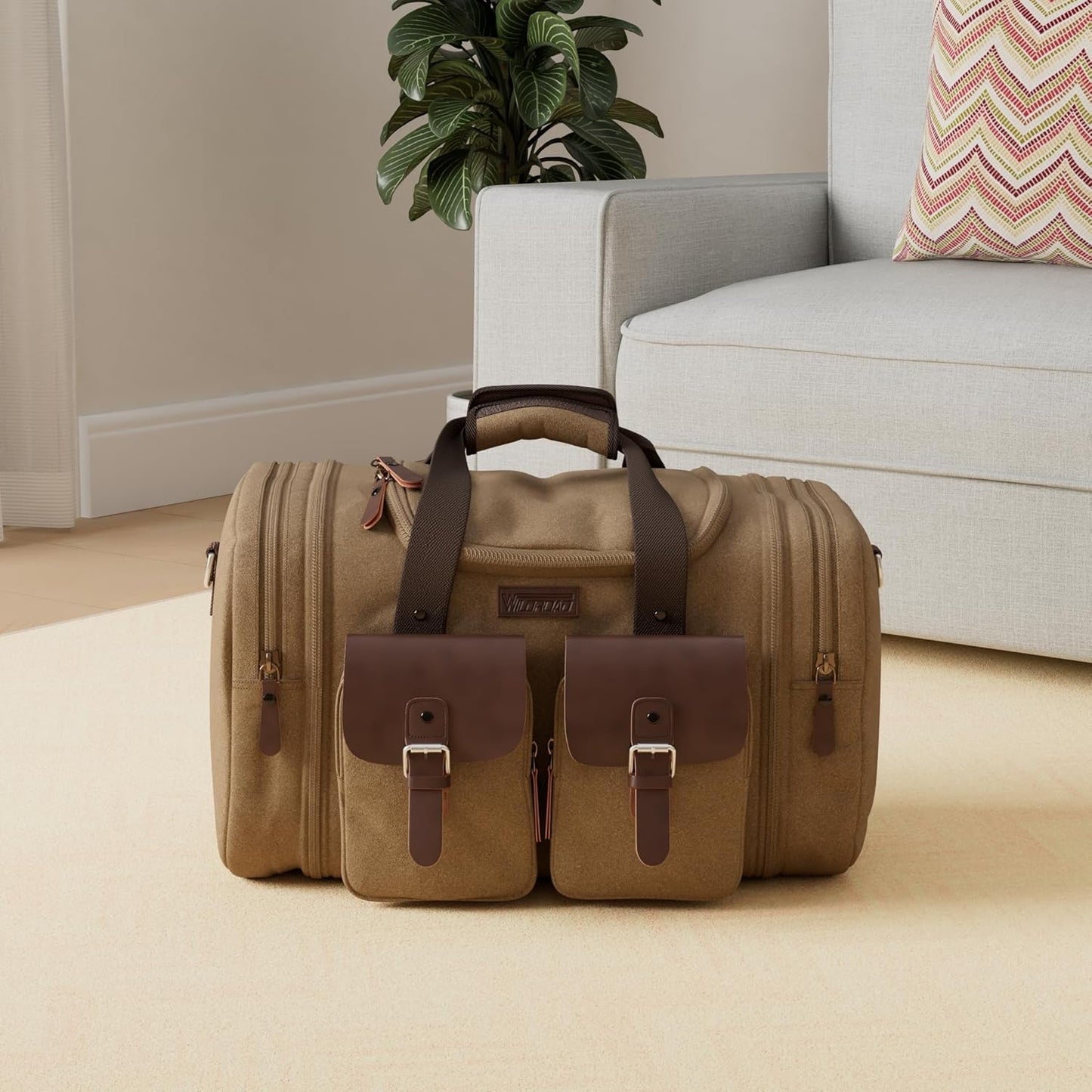 Wildroad 60L Travel Duffel Bag, Expandable Canvas Genuine Leather Duffle Bag Upgraded Overnight Weekender Bag Carry on Bag (Coffee, X Large-60L) - Roamly
