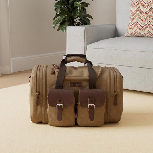 Wildroad 60L Travel Duffel Bag, Expandable Canvas Genuine Leather Duffle Bag Upgraded Overnight Weekender Bag Carry on Bag (Coffee, X Large-60L) - Roamly