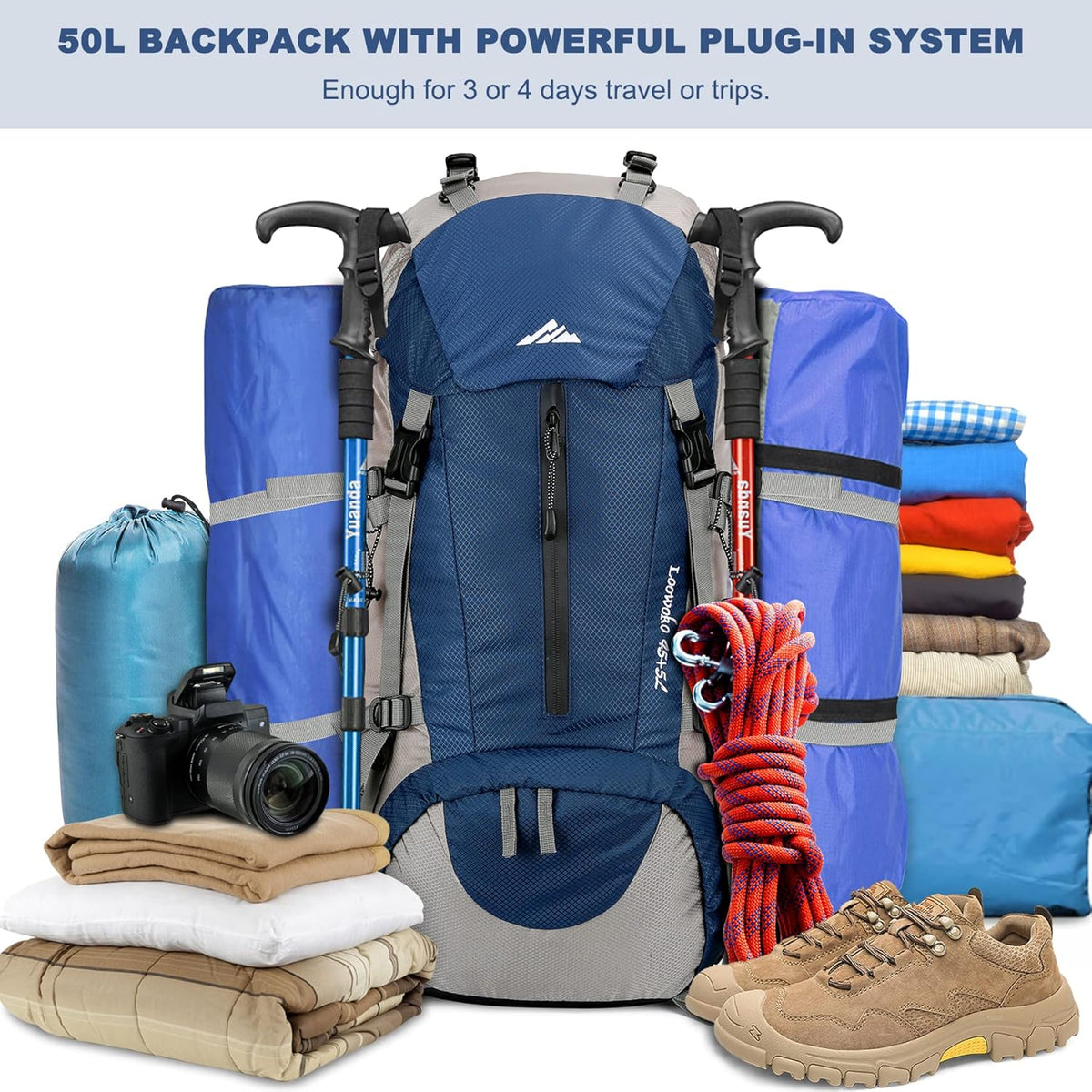 Loowoko 50L Hiking Backpack, Waterproof Camping Essentials Bag with Rain Cover, 45+5 Liter Lightweight Backpacking Back Pack - Roamly