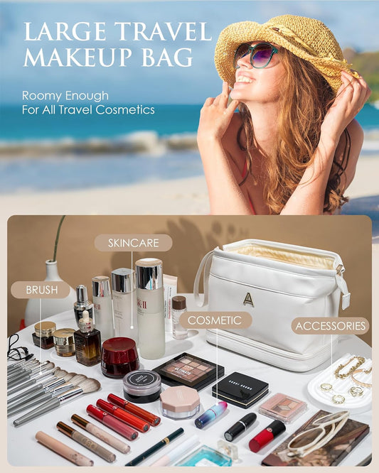 Birthday Gifts for Women, Initial Makeup Bags for Teens Girls, Double Layer Cosmetic Bag with Makeup Brush Organizer, Travel Toiletry Bag, Maid of Honor Gifts-Travel Gift For Female