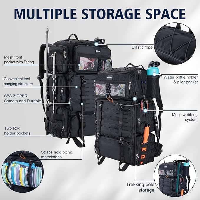 Goture Fishing Backpack with Cooler, 72L 600D Tackle Backpack Included 4 3700 Tackle Boxes, Dry & Wet Split Compartment, Large Fishing Tackle Bag with Rod Holders,Rain Cover for Travel Camping Hiking
