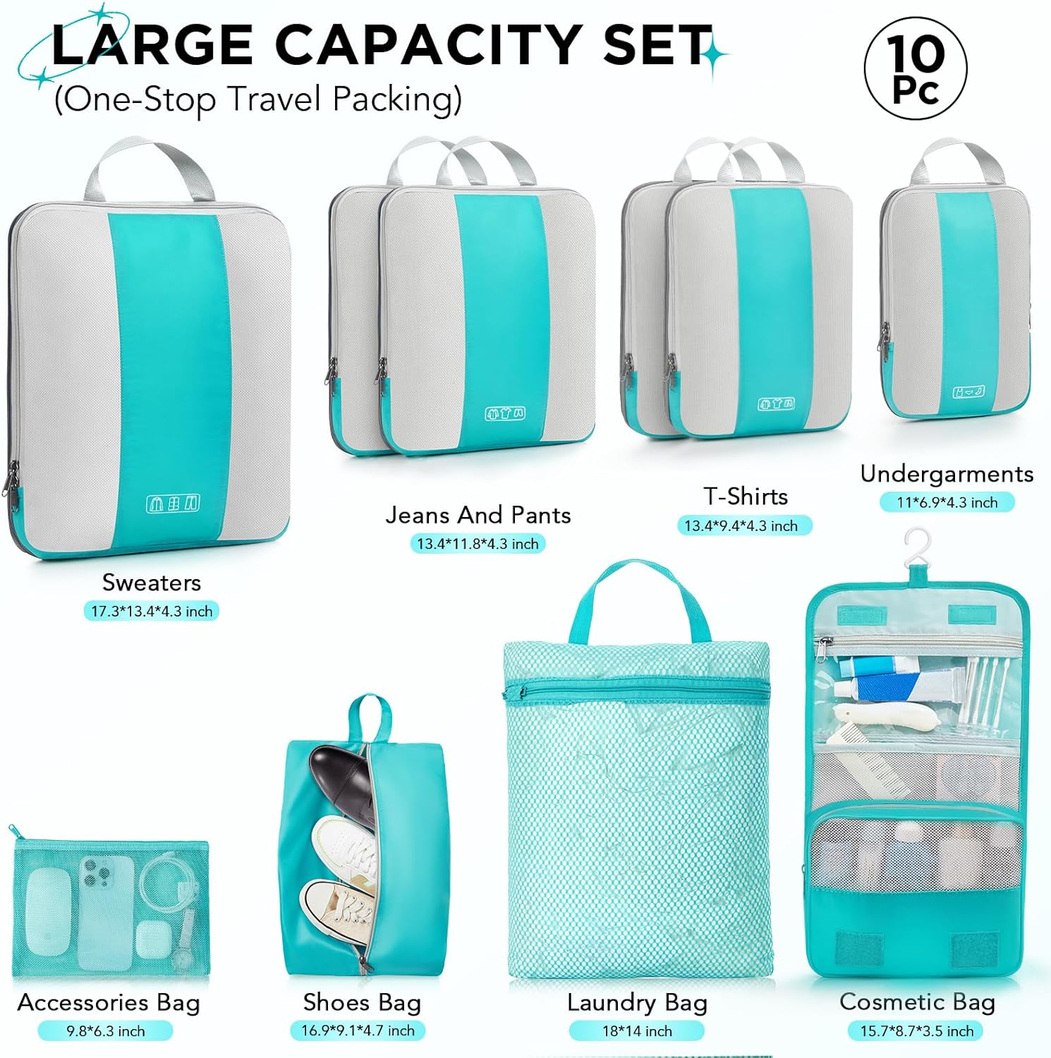 10 Set Compression Packing Cubes for Travel Essentials,Compressible Expandable Packing Cubes for Suitcase,OlarHike Luggage Organizer Bags for Travel,Handy Helper for Organizing Clothes(Blue Green) - Roamly