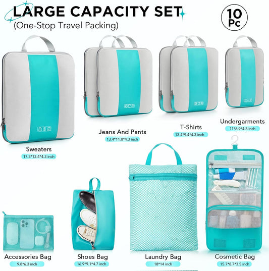 10 Set Compression Packing Cubes for Travel Essentials,Compressible Expandable Packing Cubes for Suitcase,OlarHike Luggage Organizer Bags for Travel,Handy Helper for Organizing Clothes(Blue Green) - Roamly