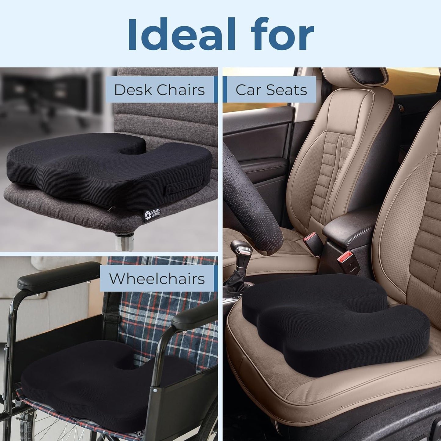 5 STARS UNITED Seat Cushion for Tailbone Pain Relief – Memory Foam Cushion for Coccyx, Hip, Hemorrhoid, Sciatica & Post-Surgery Recovery – Wheelchair, Car, Desk, Gaming & Office Chairs, D Blue